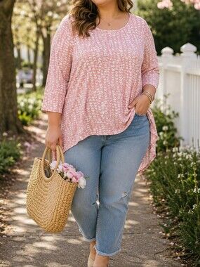 Philosophy Pink Heart Print Scoop Neck Long Sleeve Tunic Top Plus Size Boho